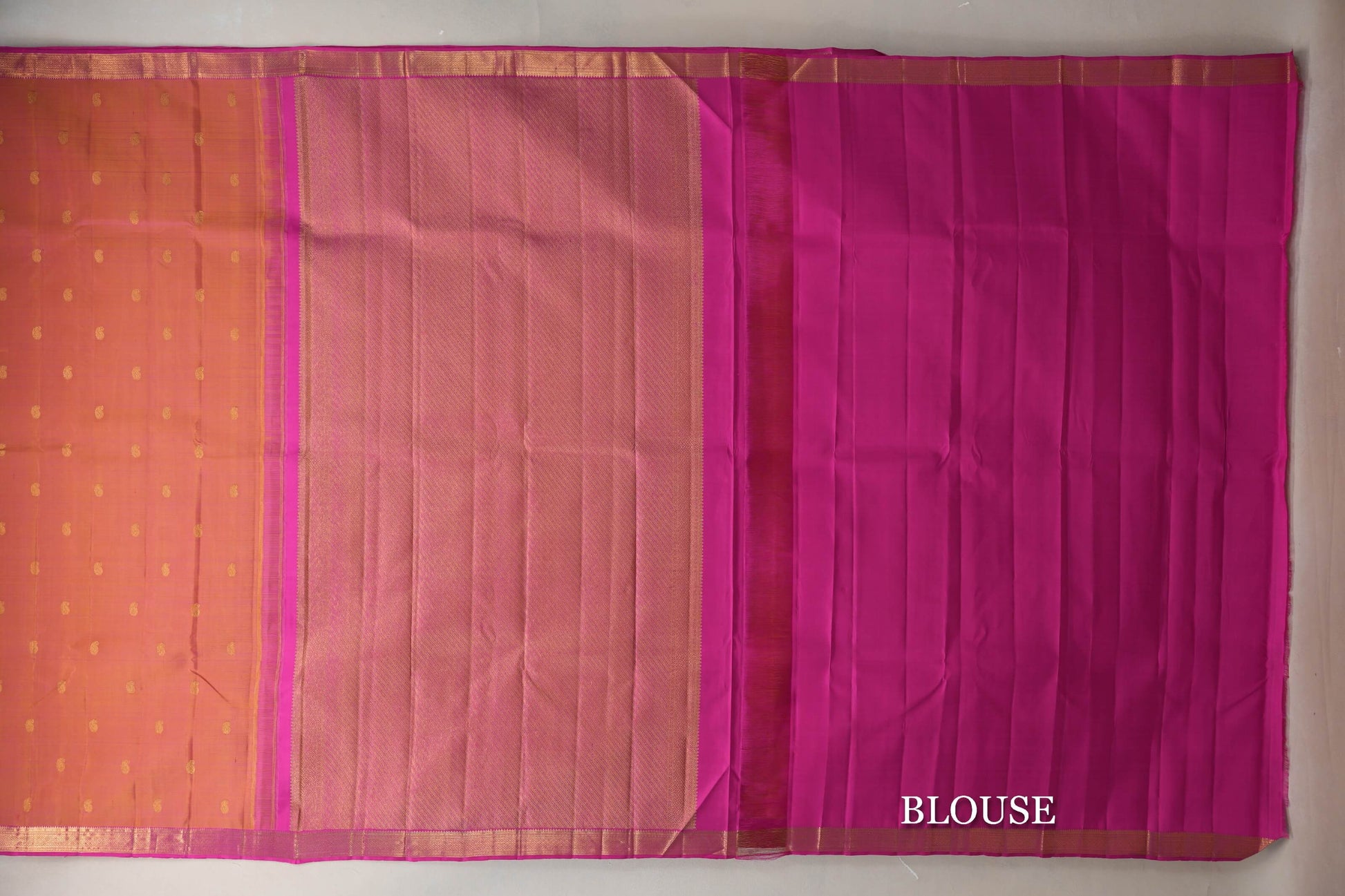 Dual Tone of Yellow & Pink with Bright Pink Borders Vintage Kanjivaram Silk Saree blouse