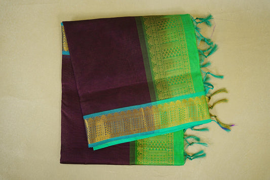 Deep purple with teal blue borders Vegan Silkcotton Saree 