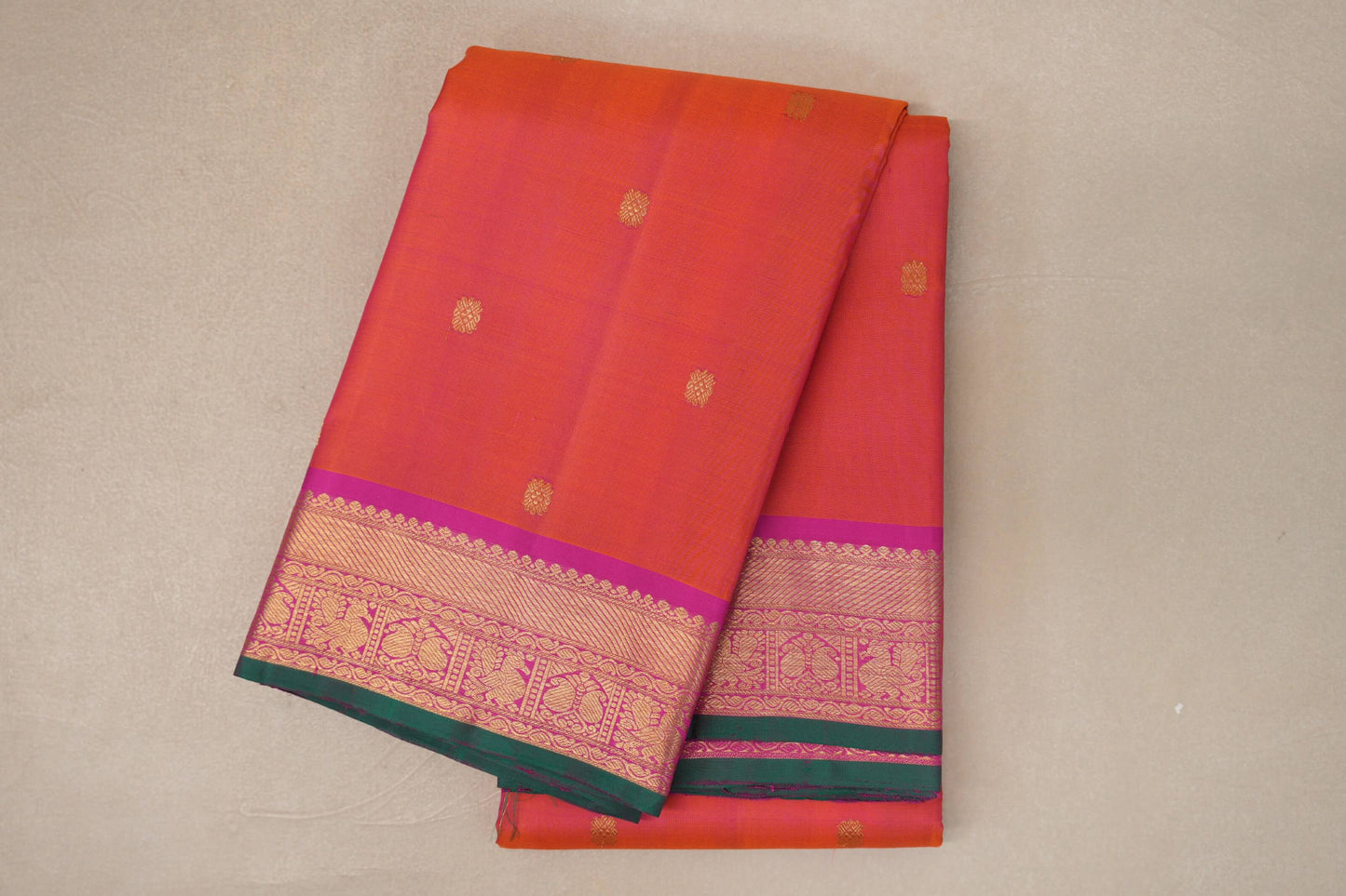 Dual Tone of Orange & Pink with Bright Pink Borders Vintage Kanjivaram Silk Saree