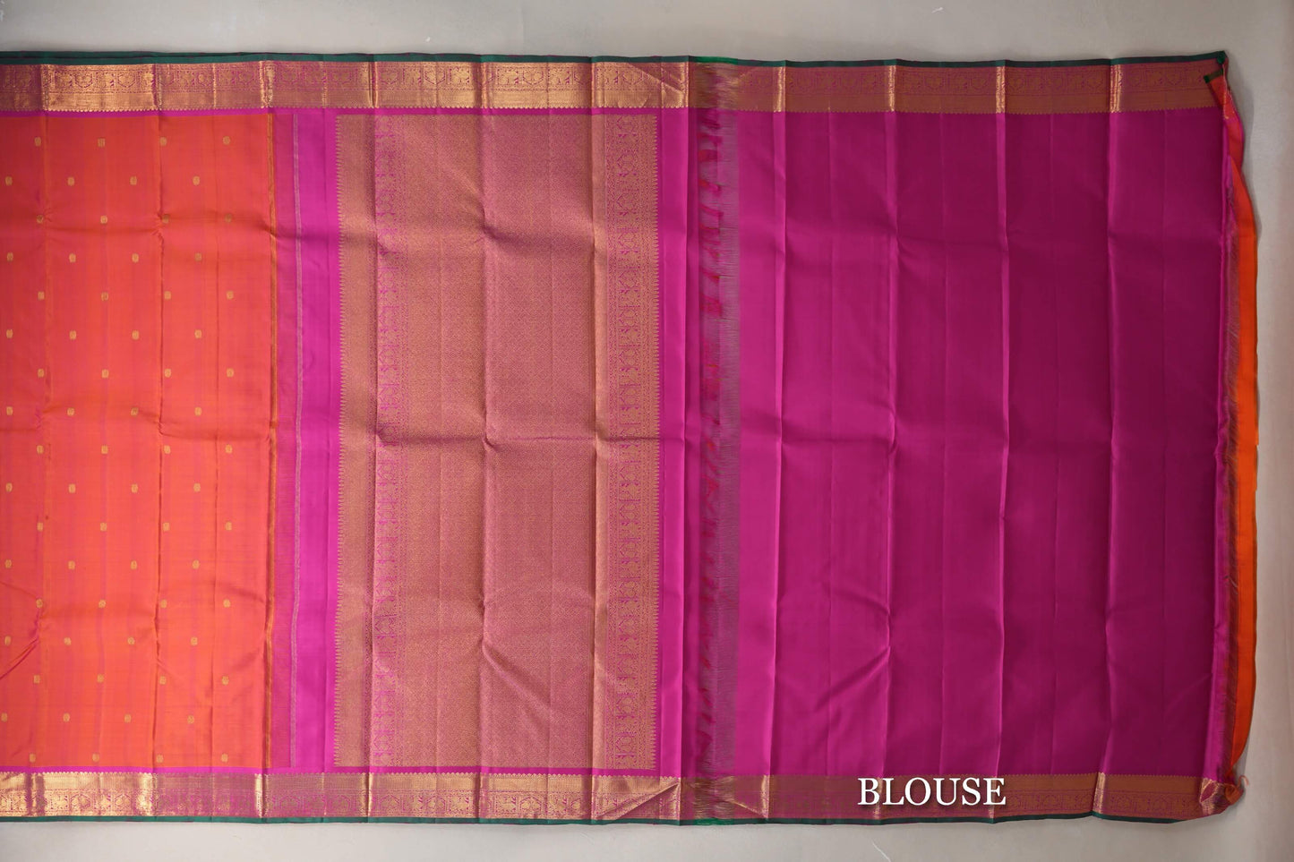 Dual Tone of Orange & Pink with Bright Pink Borders Vintage Kanjivaram Silk Saree blouse