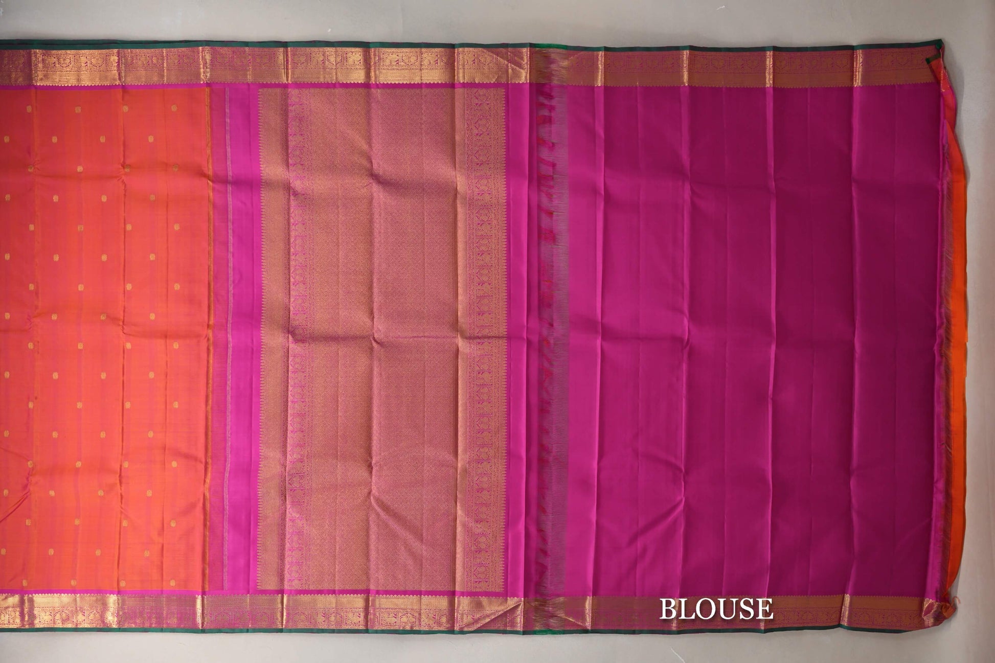 Dual Tone of Orange & Pink with Bright Pink Borders Vintage Kanjivaram Silk Saree blouse