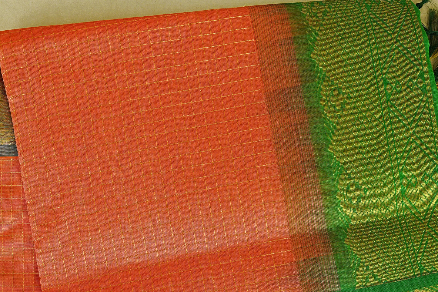 Peachy Orange with leaf green borders Vegan Silkcotton Saree body