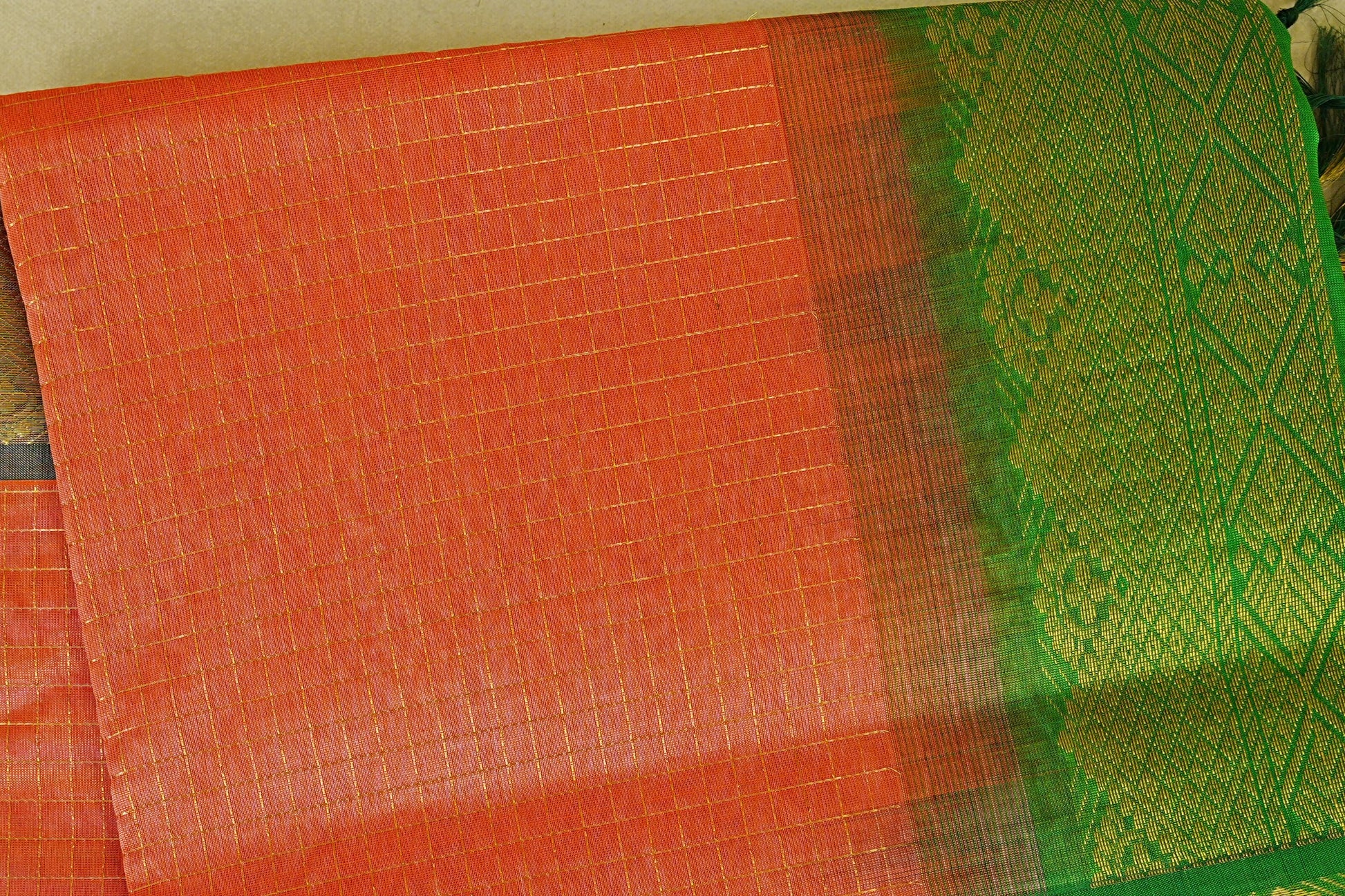Peachy Orange with leaf green borders Vegan Silkcotton Saree body