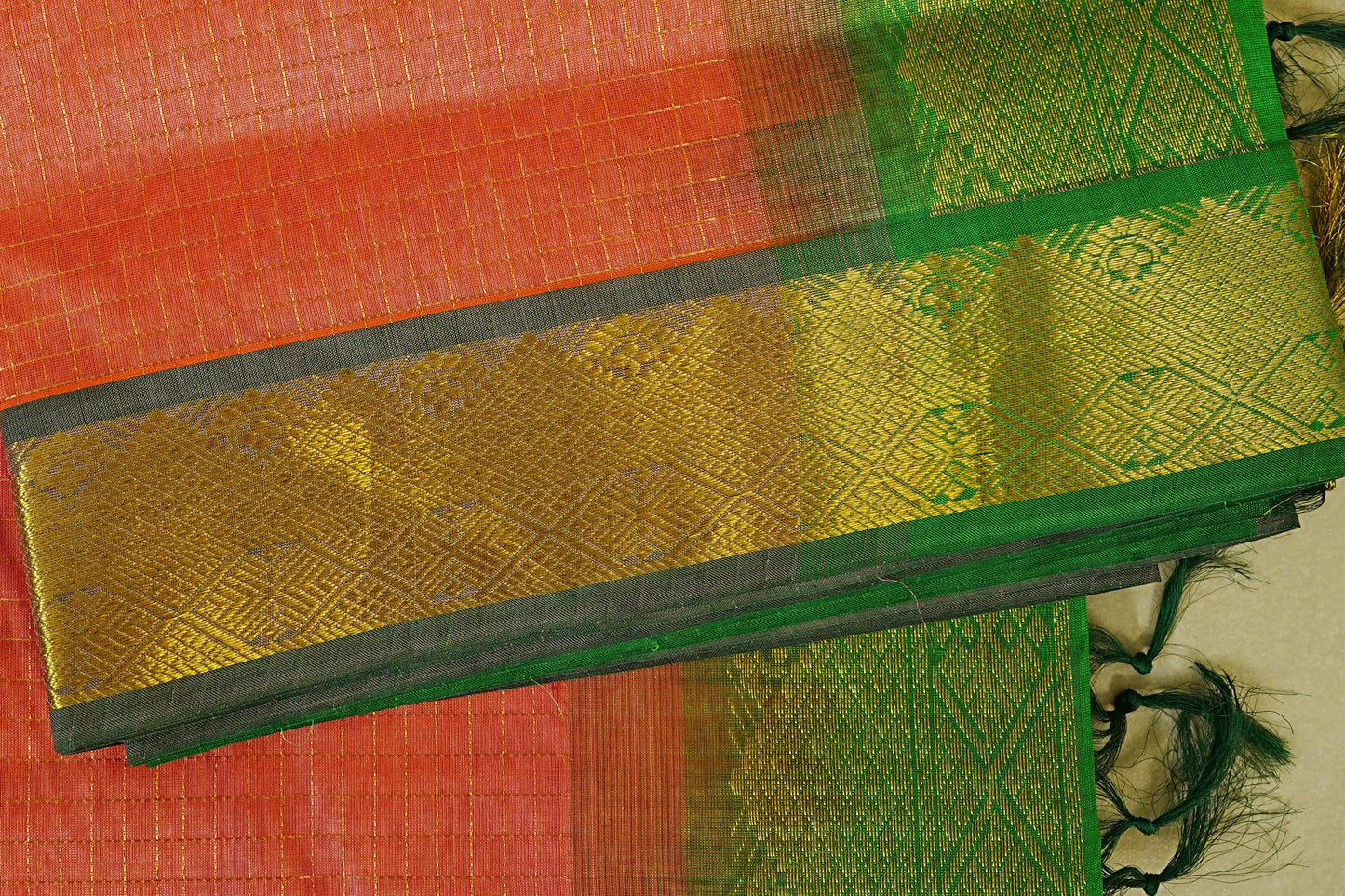Peachy Orange with leaf green borders Vegan Silkcotton Saree border