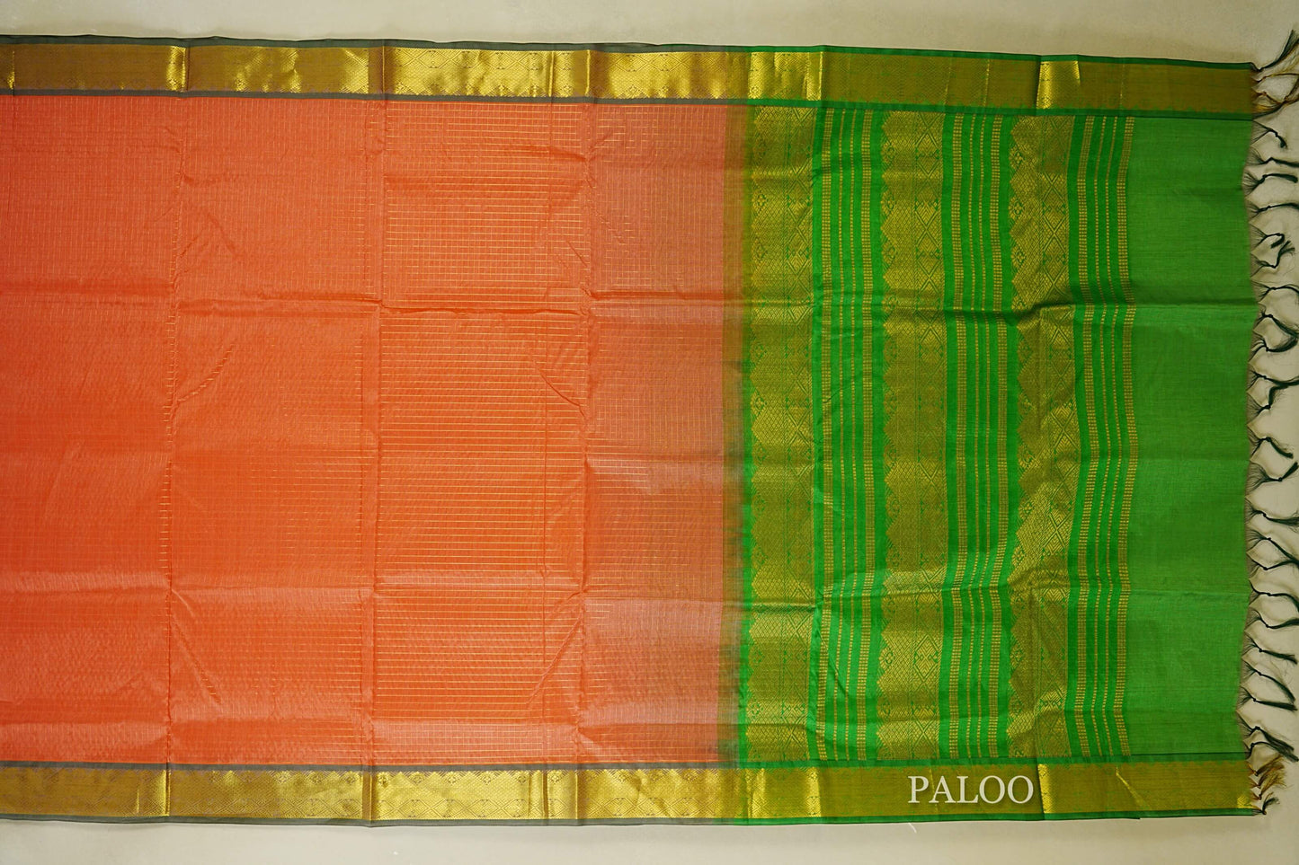 Peachy Orange with leaf green borders Vegan Silkcotton Saree paloo