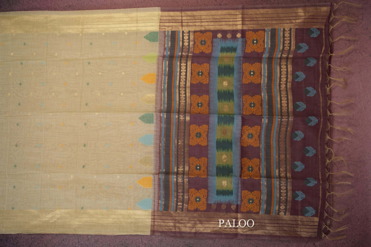 beige semi tussar silk saree paloo