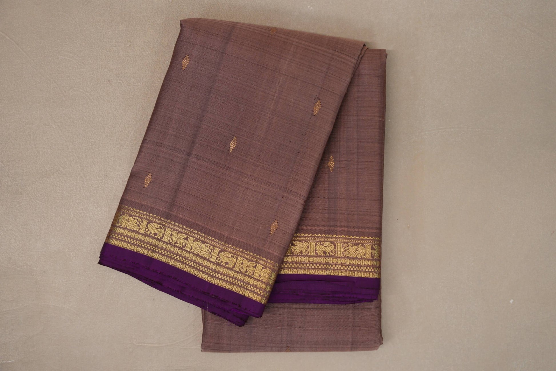 Light Coffee Brown with Deep Purple Borders Vintage Kanjivaram Silk Saree