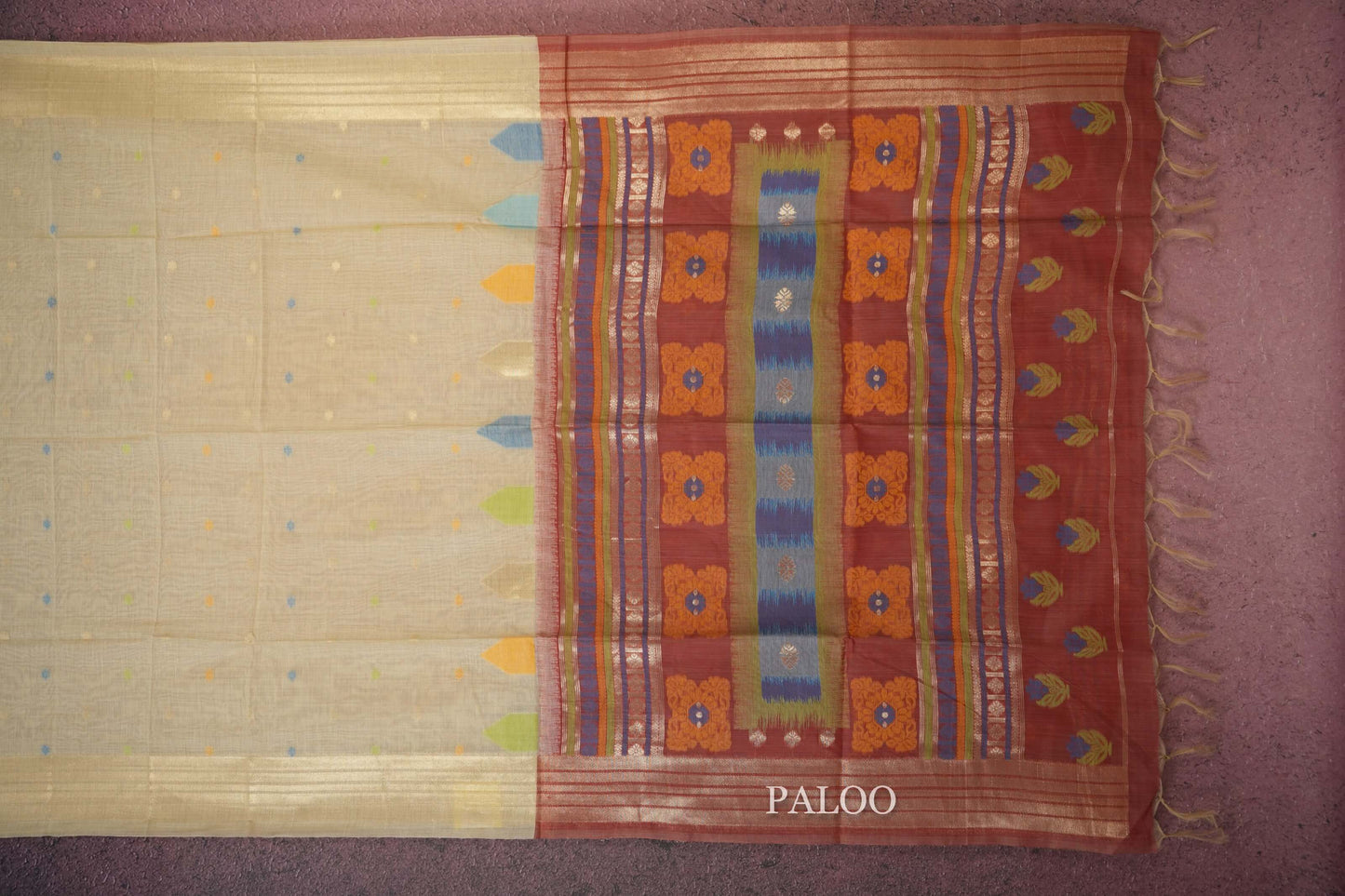 cream semi tussar silk saree paloo