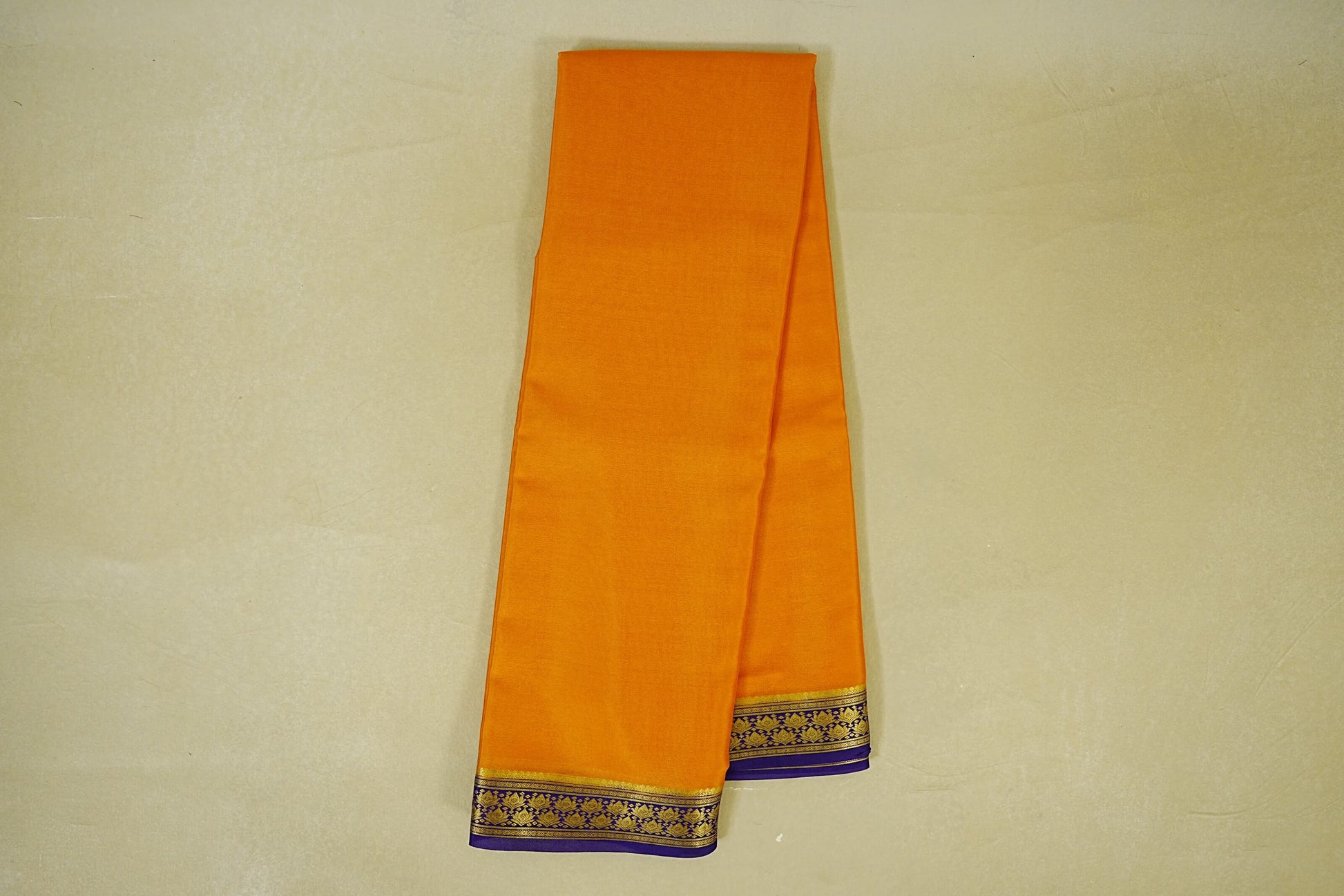 Turmeric Orange with dark royal purple borders Mysore Silk Saree