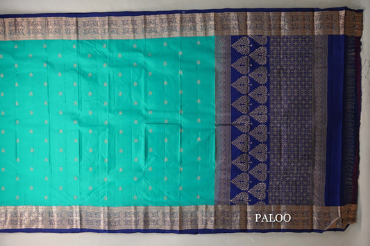 Aqua Green with Deep Green Borders Light Weight Kanjivaram Silk Saree paloo
