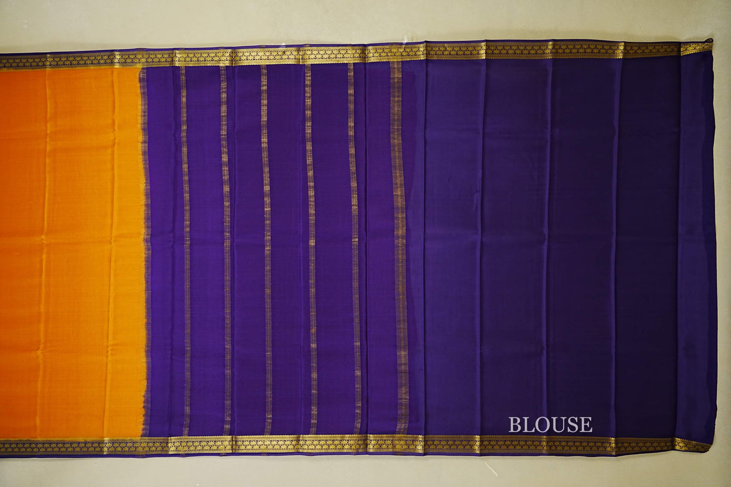 Turmeric Orange with dark royal purple borders Mysore Silk Saree blouse