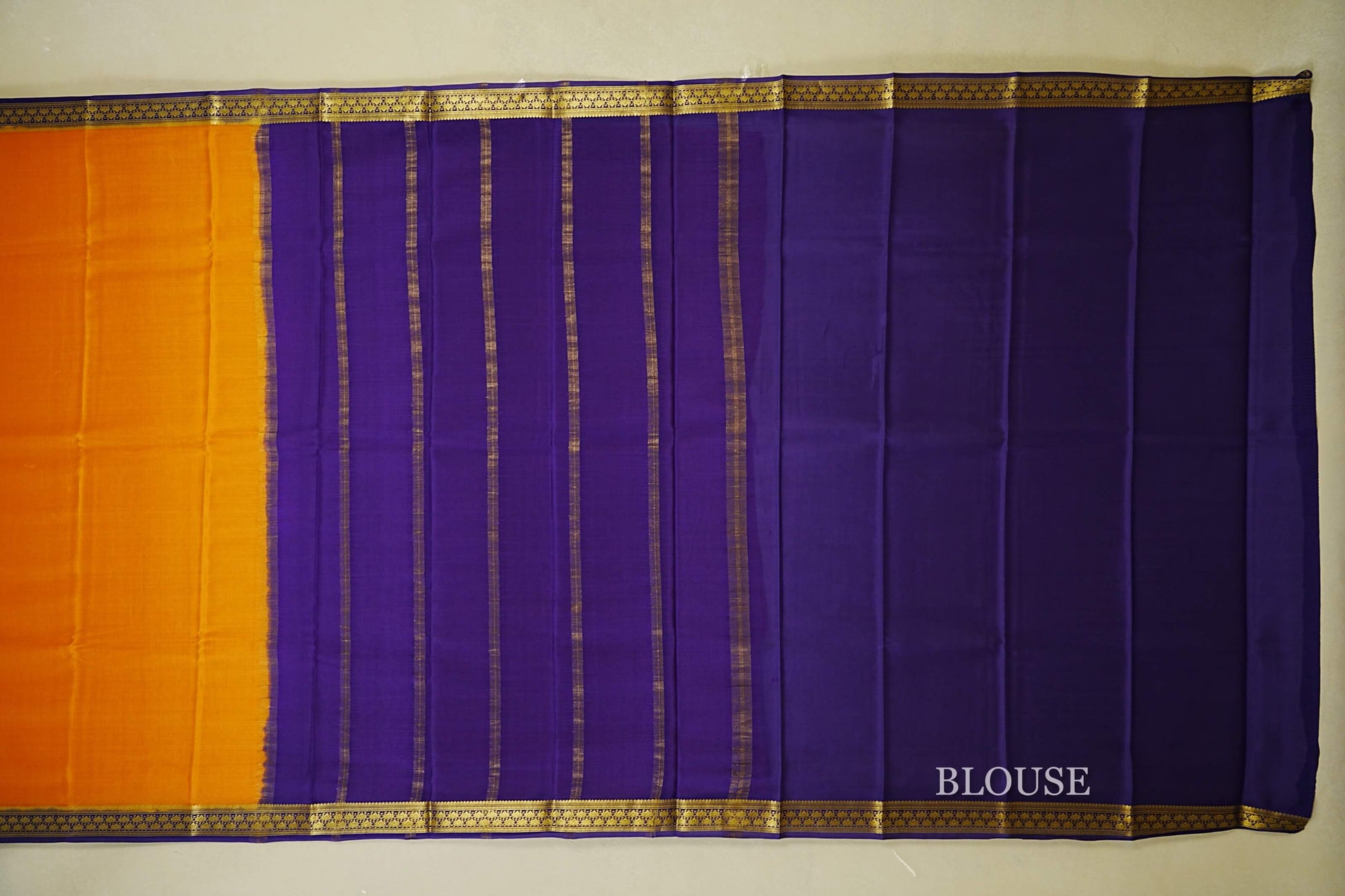 Turmeric Orange with dark royal purple borders Mysore Silk Saree blouse