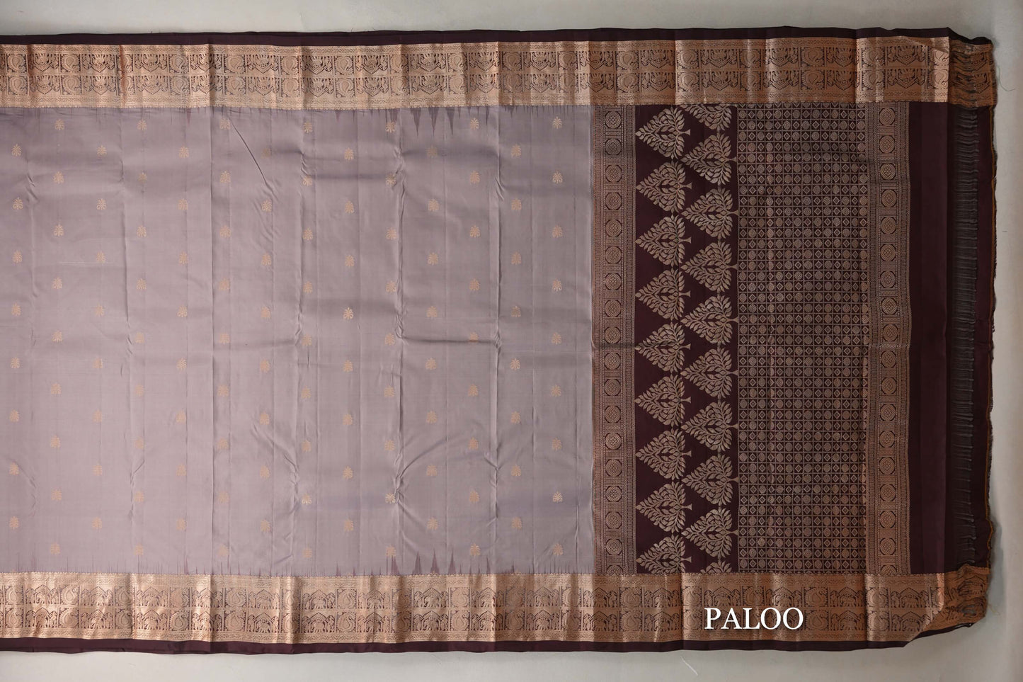 Mushroom Brown with Deep Coffee Brown Borders Light Weight Kanjivaram Silk Saree paloo