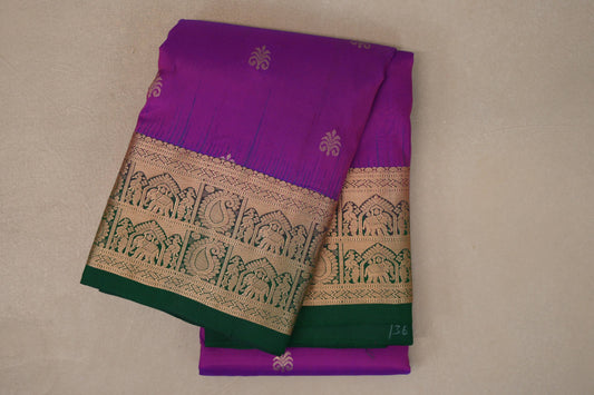 Dual Tone of Bright Magenta & Blue with Bottle Green Borders Light Weight Kanjivaram Silk Saree