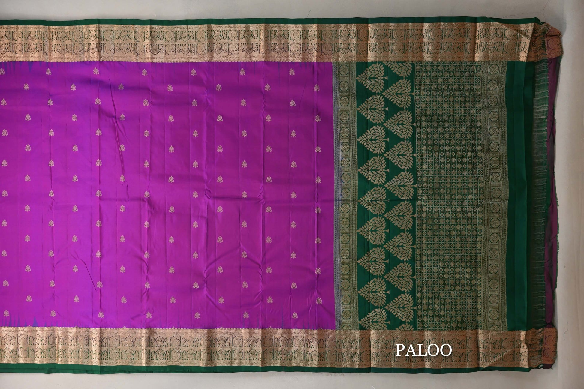 Dual Tone of Bright Magenta & Blue with Bottle Green Borders Light Weight Kanjivaram Silk Saree paloo