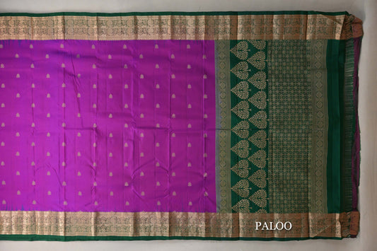Dual Tone of Bright Magenta & Blue with Bottle Green Borders Light Weight Kanjivaram Silk Saree paloo