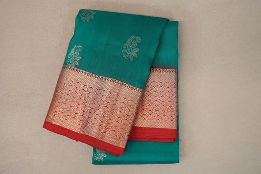 Rama Green with Bright Red Borders Light Weight Kanjivaram Silk Saree