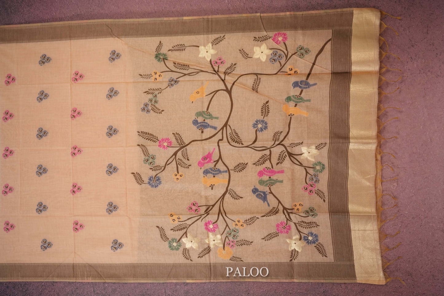 mild peach semi tussar silk saree paloo