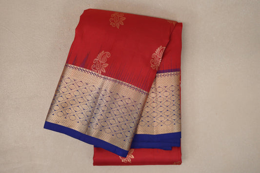 Tomato Red with Deep Blue Borders Light Weight Kanjivaram Silk Saree