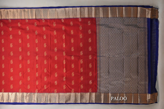 Tomato Red with Deep Blue Borders Light Weight Kanjivaram Silk Saree paloo