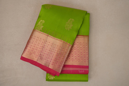 Parrot Green with Orangish Pink Borders Light Weight Kanjivaram Silk Saree