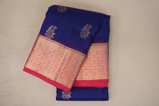 Deep Blue with Orangish Pink Borders Light Weight Kanjivaram Silk Saree