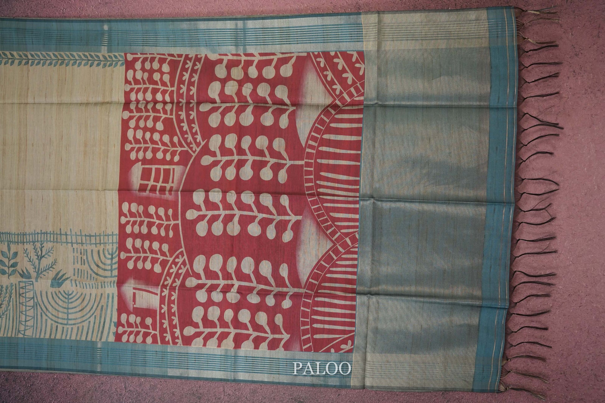 Beige semi tussar silk saree paloo