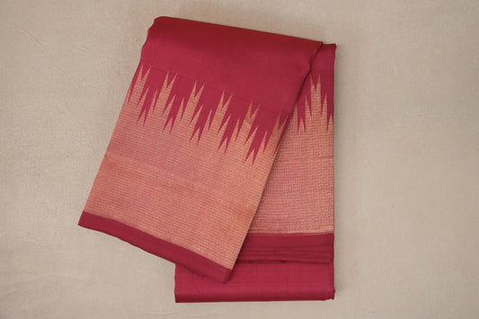 Reddish Pink with Temple Borders Light Weight Kanjivaram Silk Saree 