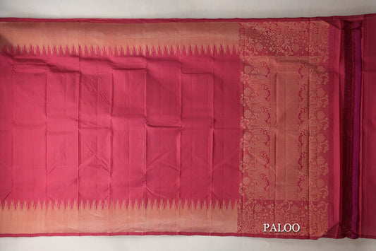 Reddish Pink with Temple Borders Light Weight Kanjivaram Silk Saree paloo