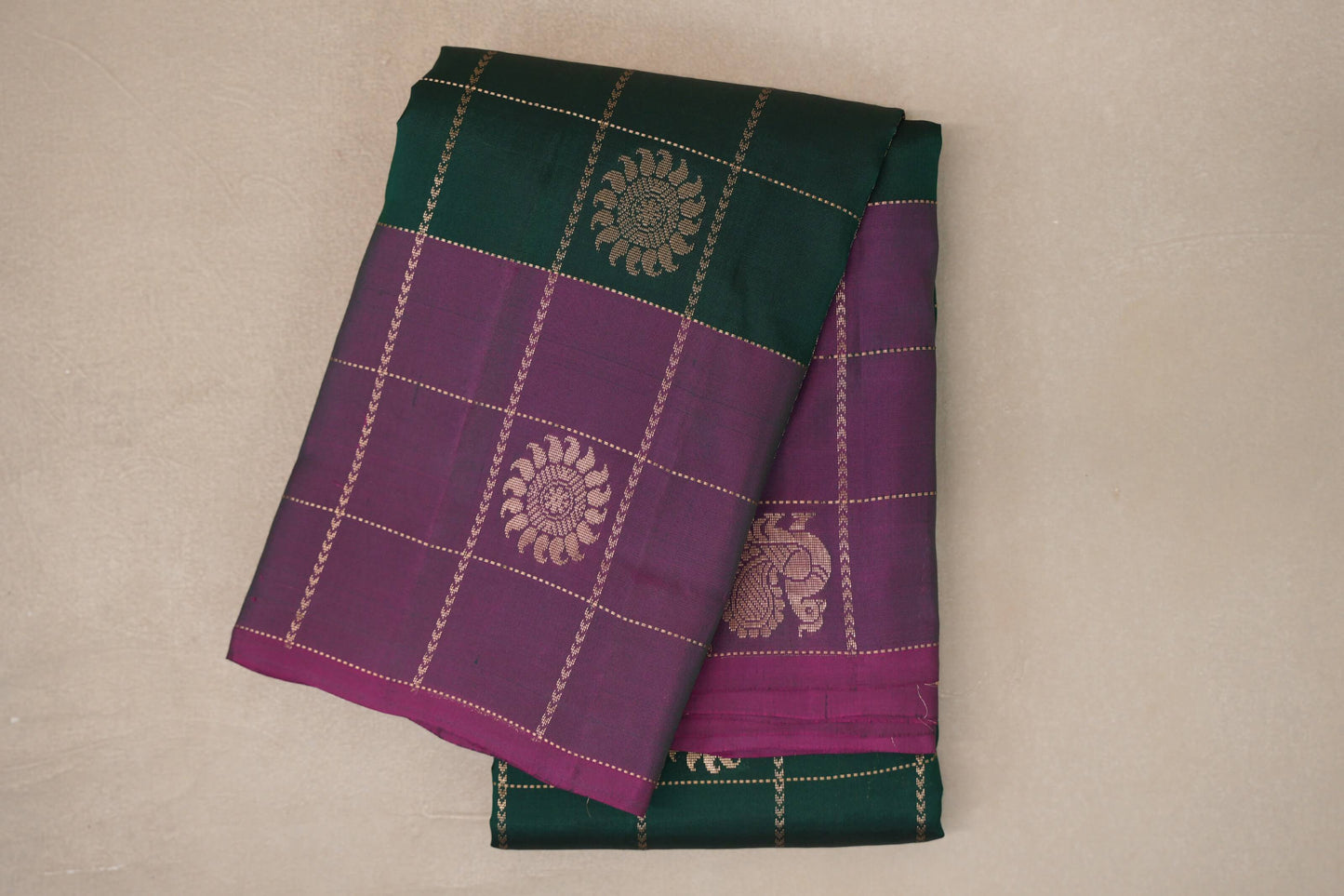 Deep Bottle Green with Dual Tone of Magenta & Green Borders Light Weight Kanjivaram Silk Saree