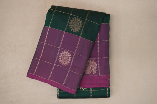 Deep Bottle Green with Dual Tone of Magenta & Green Borders Light Weight Kanjivaram Silk Saree