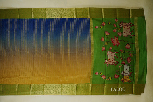 Dual Tone Blue and dark beige Mysore Silk Saree paloo
