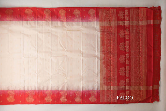 Cream with Bright Red Borders Light Weight Kanjivaram Silk Saree paloo
