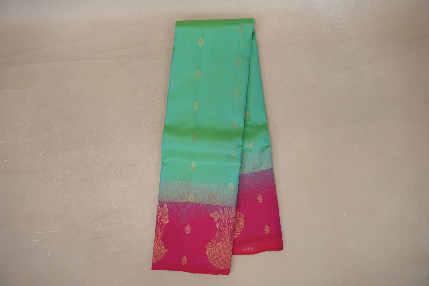 Online Dual Tone of Aqua Blue & Parrot Green with Bright Pink Borders Light Weight Kanjivaram Silk Saree