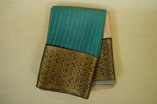 Dual Tone Aqua Blue and Light Beige with black borders Mysore Silk Saree