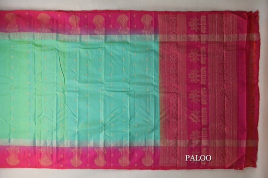 Dual Tone of Aqua Blue & Parrot Green with Bright Pink Borders Light Weight Kanjivaram Silk Saree paloo