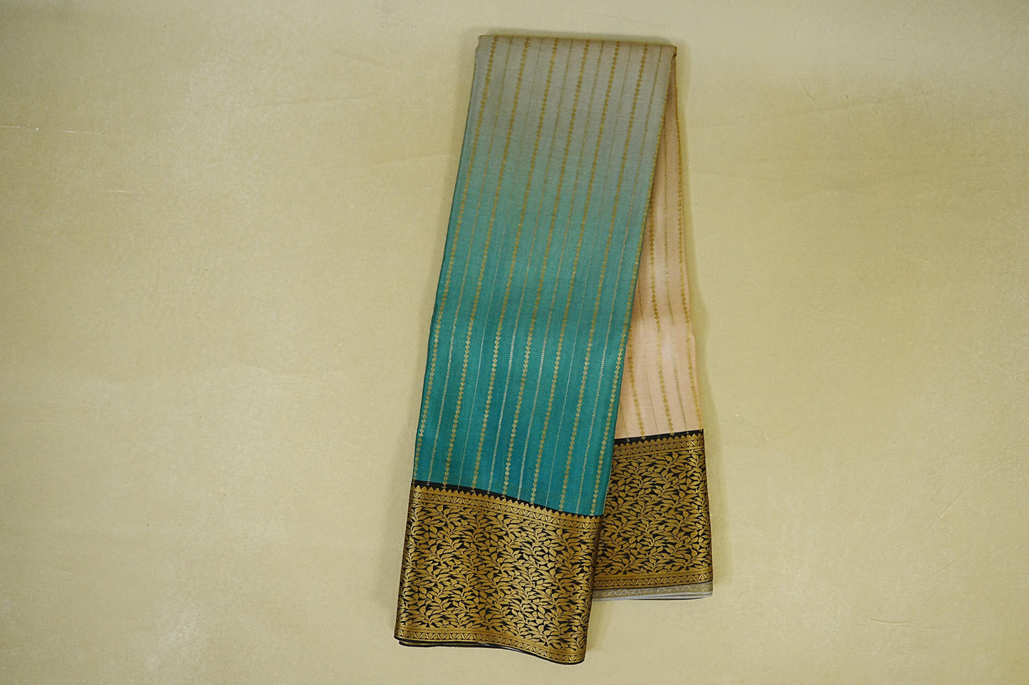Dual Tone Aqua Blue and Light Beige with black borders Mysore Silk Saree