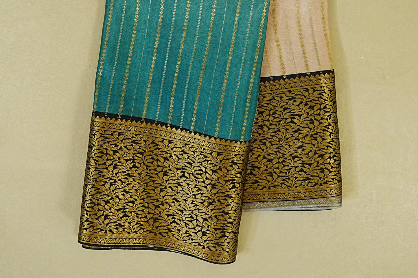 Dual Tone Aqua Blue and Light Beige with black borders Mysore Silk Saree border
