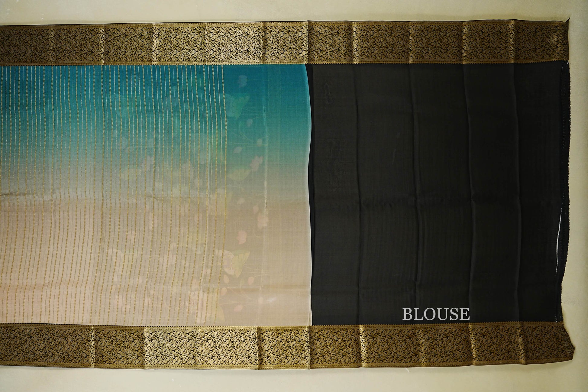 Dual Tone Aqua Blue and Light Beige with black borders Mysore Silk Saree blouse