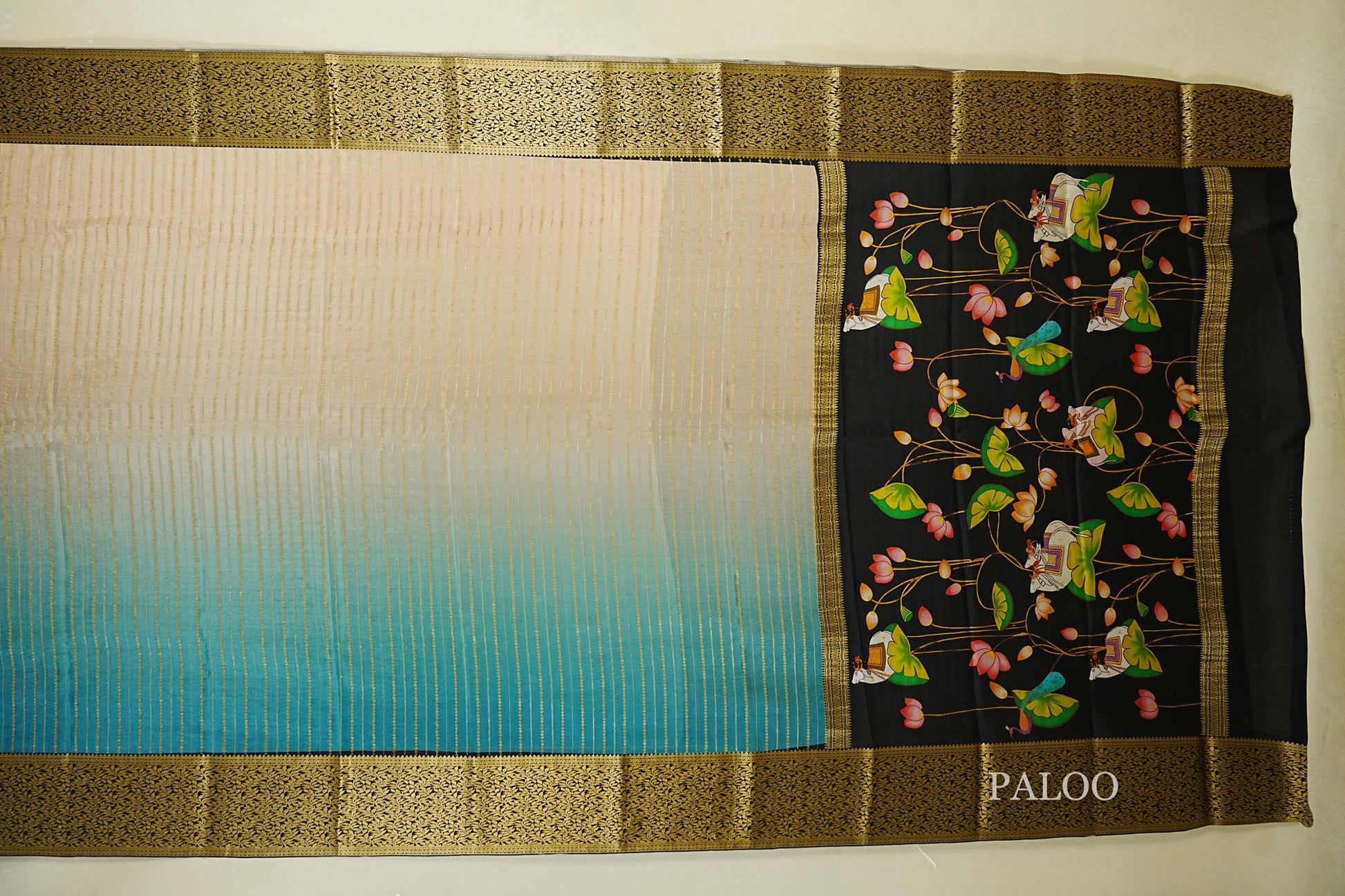 Dual Tone Aqua Blue and Light Beige with black borders Mysore Silk Saree paloo