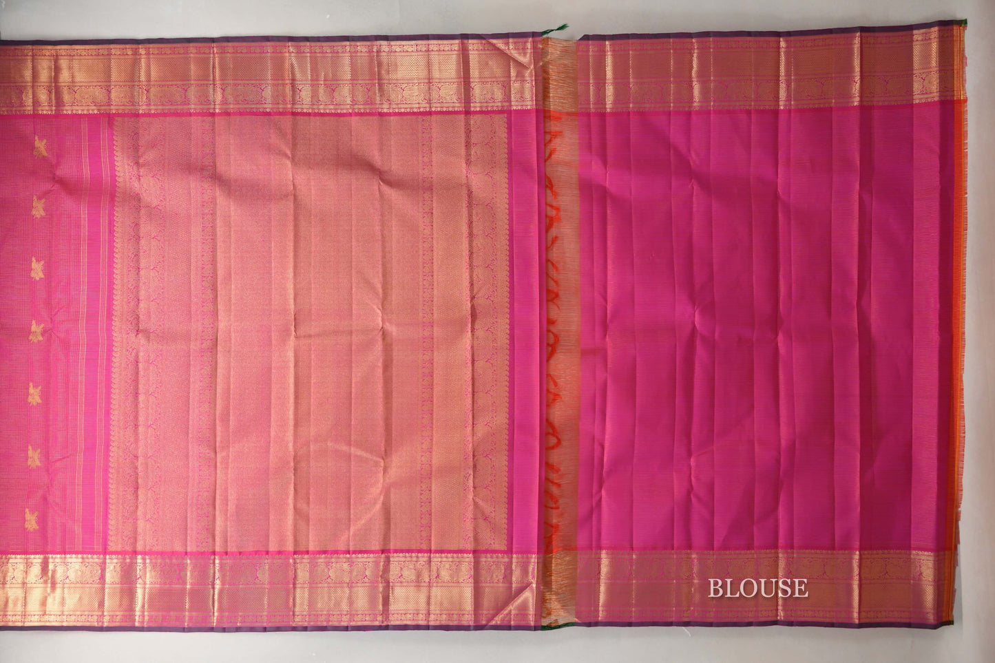 Orangish Pink Vintage Kanjivaram Silk Saree by Shreenivas Silks blouse