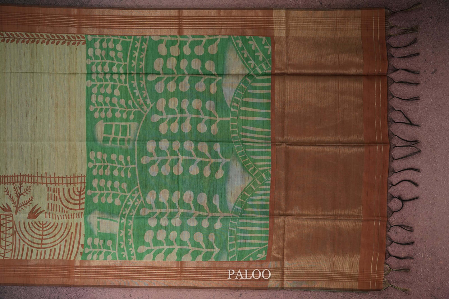 Beige semi tussar silk saree paloo