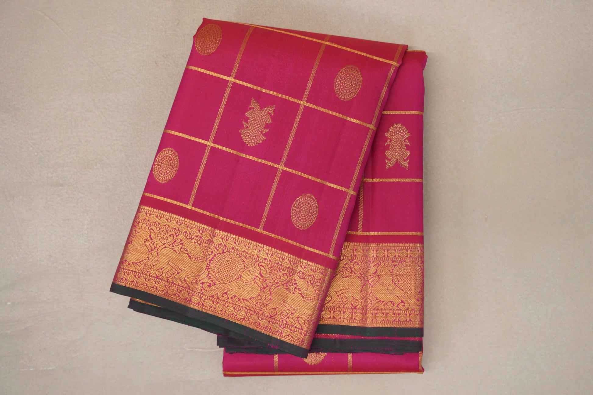 Bright Rani Pink Vintage Kanjivaram Silk Saree by Shreenivas Silks 