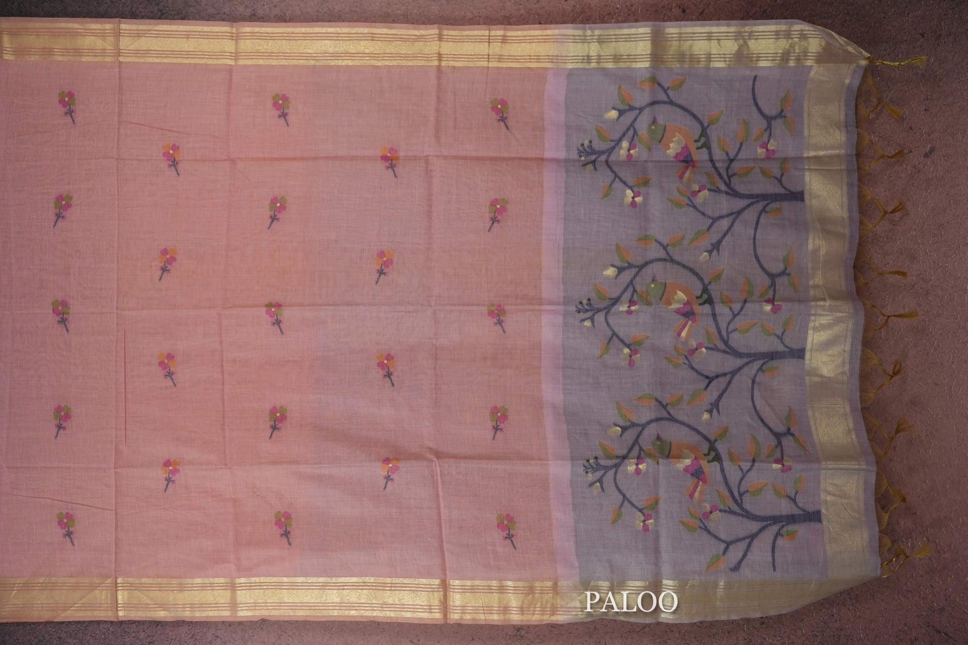 pink semi tussar Silk Sare paloo
