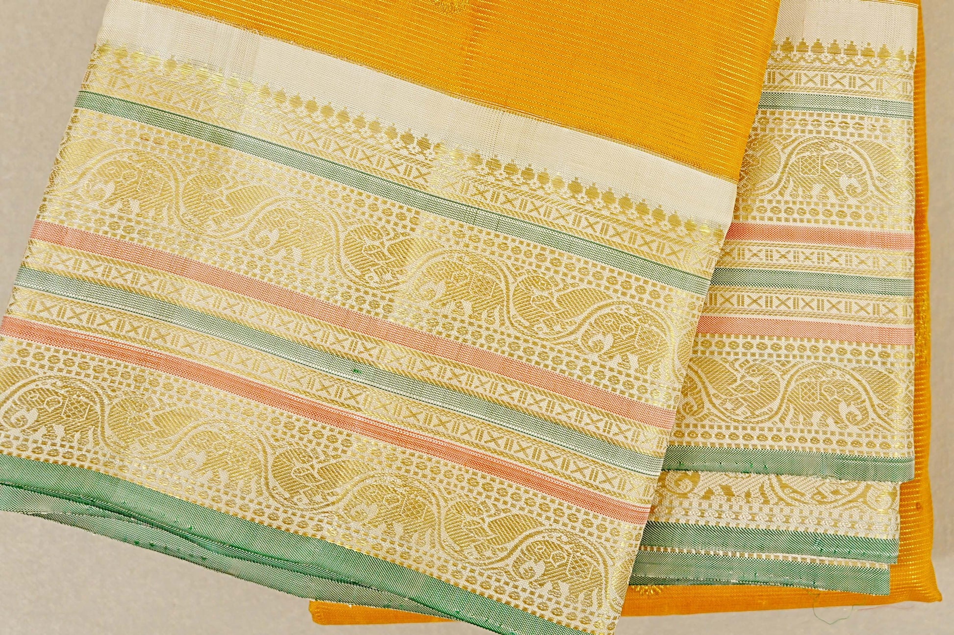 Mustard Yellow Vintage Kanjivaram Silk Saree border zoom