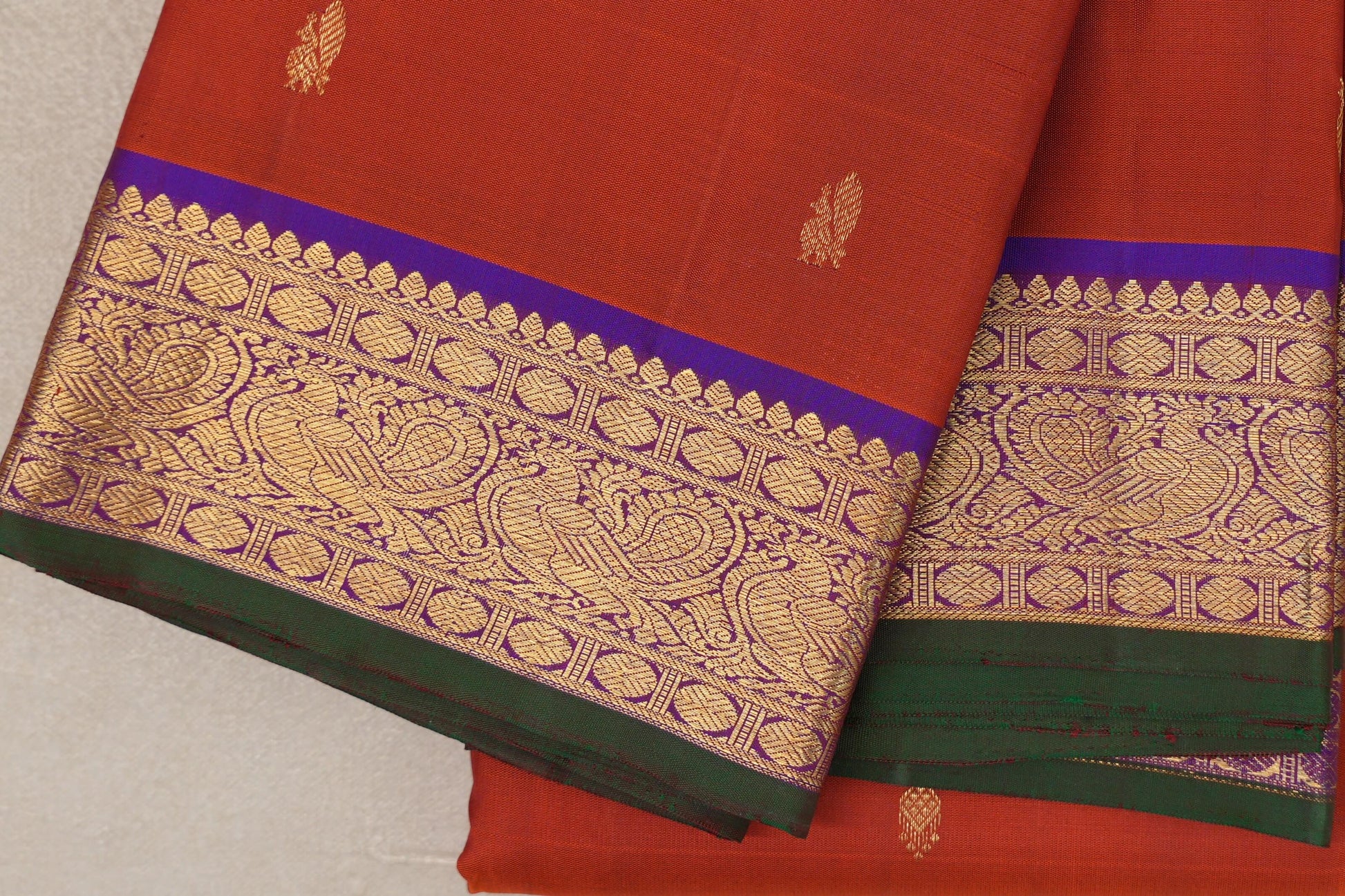 Rust orange with Deep Purple Vintage Kanjivaram Silk Saree by Shreenivas Silks  border