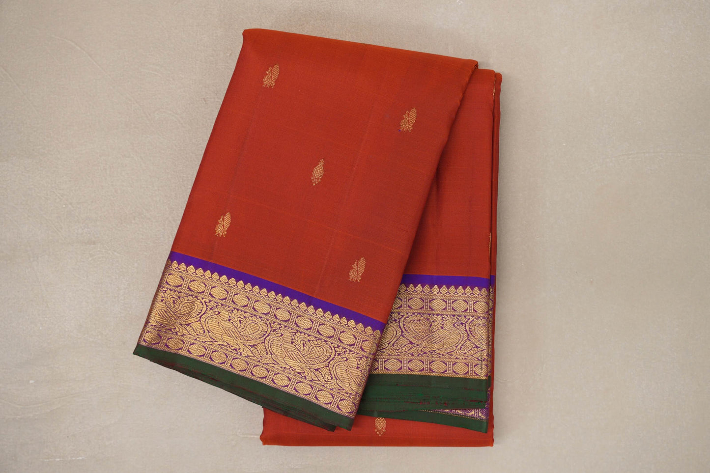 Rust orange with Deep Purple Vintage Kanjivaram Silk Saree by Shreenivas Silks 