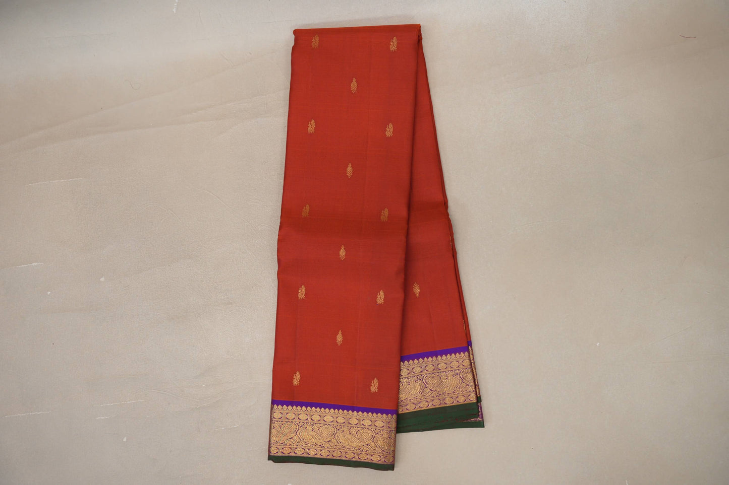 Rust orange with Deep Purple Vintage Kanjivaram Silk Saree by Shreenivas Silks 