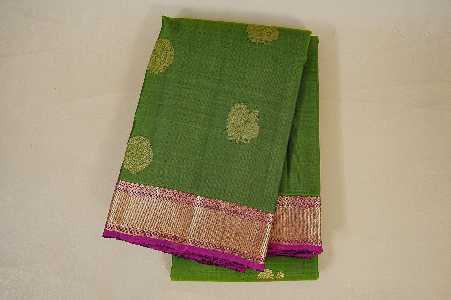 folded Parrot Green with Purple Borders Vintage Kanjivaram Silk Saree 