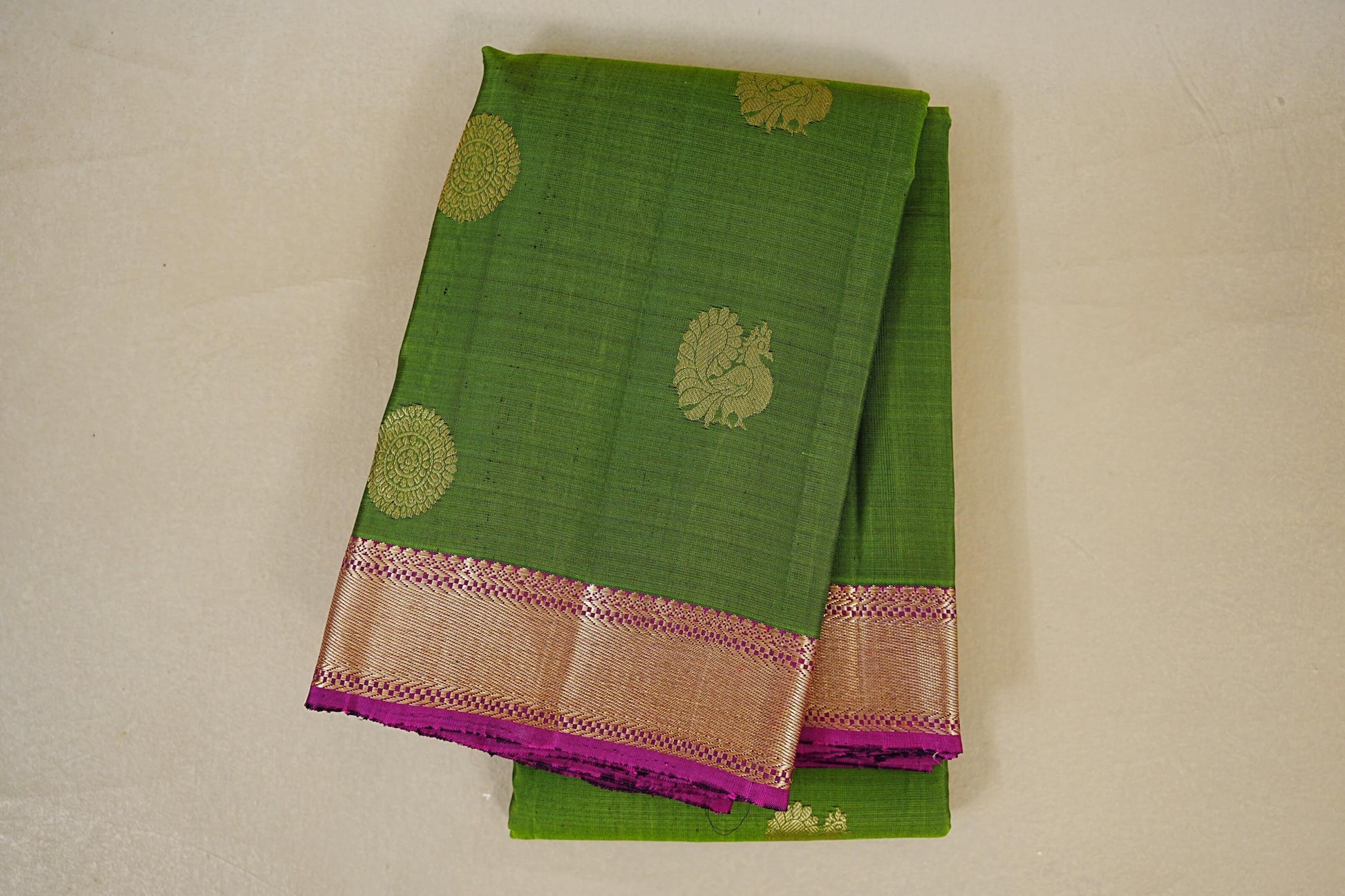 folded Parrot Green with Purple Borders Vintage Kanjivaram Silk Saree 
